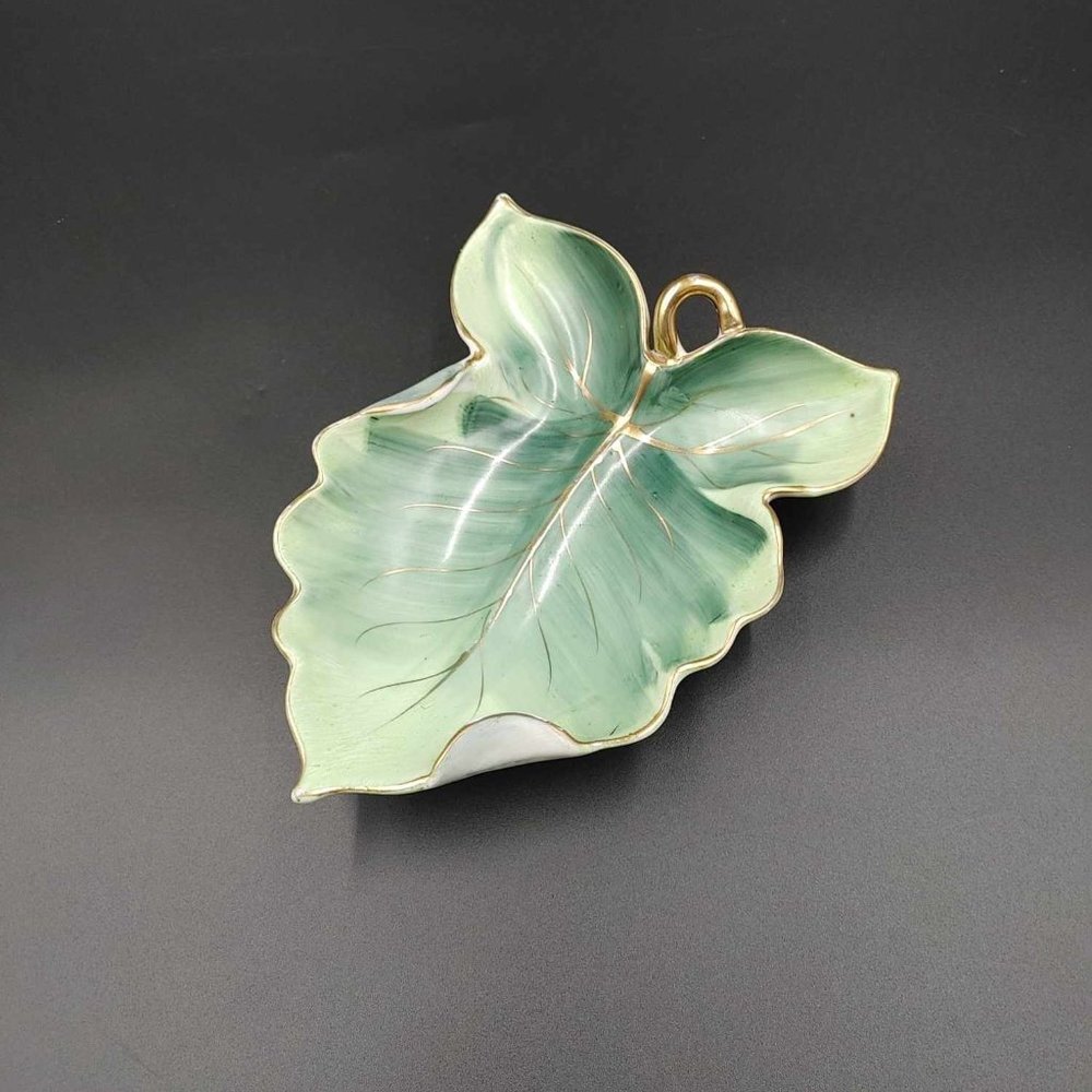 Vintage Norcrest Leaf Trinket Dish Candy Handpainted Green Leaf Gold Trim